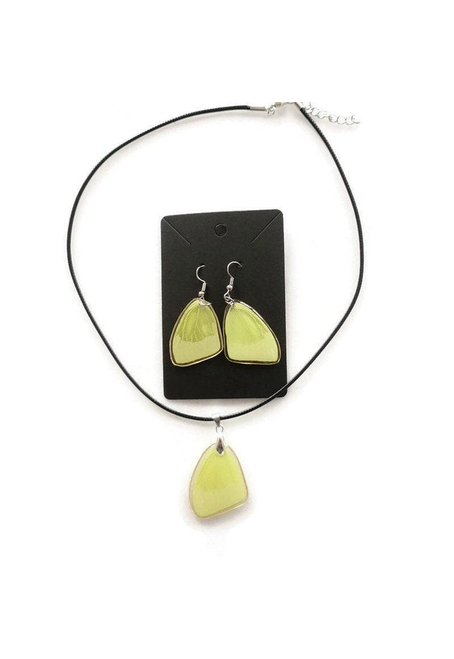 Phoebis trite forewings, the buttercup sulphur, real mexican butterfly hindwings set earrings and choker pendant