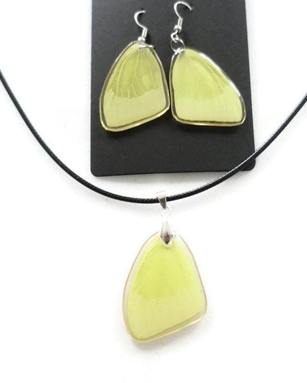 Phoebis trite forewings, the buttercup sulphur, real mexican butterfly hindwings set earrings and choker pendant