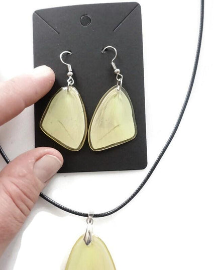 Phoebis trite forewings, the buttercup sulphur, real mexican butterfly hindwings set earrings and choker pendant