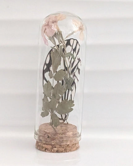 Pressed pink flowers & butterfly wing glass dome: nature keepsake