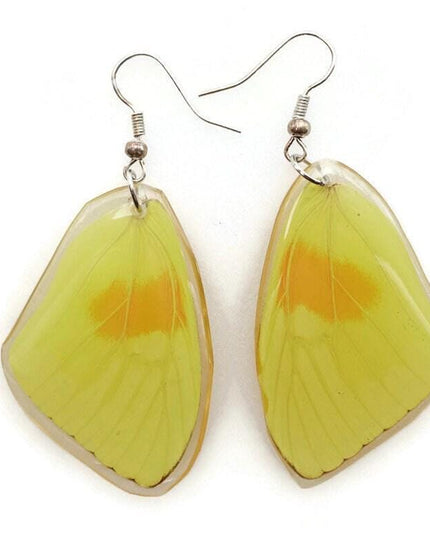 Phoebis philea, the orange-barred sulphur, real wings earrings long shaped, butterfly wings resin work