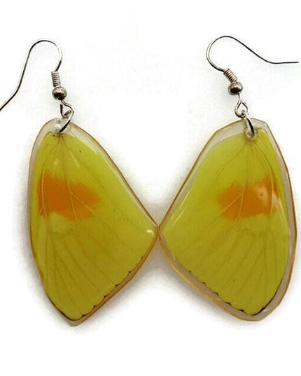 Phoebis philea, the orange-barred sulphur, real wings earrings long shaped, butterfly wings resin work