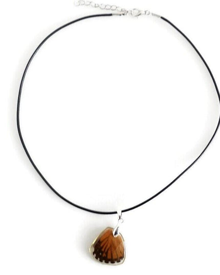 Real butterfly wing pendant necklace: resin coated, black cord