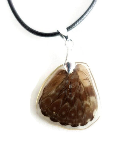 Real butterfly wing pendant necklace: resin coated, black cord
