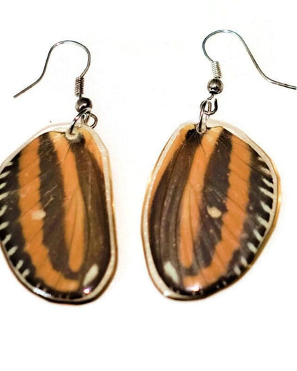 Tiger heliconian wing earrings: ethically sourced resin coated jewelry