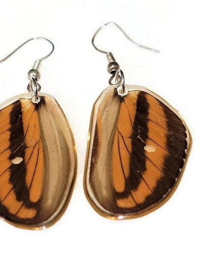 Tiger heliconian wing earrings: ethically sourced resin coated jewelry