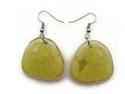 Pale and bright yellow patterned real wings earrings shaped, butterfly wings resin work