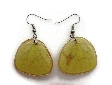 Pale and bright yellow patterned real wings earrings shaped, butterfly wings resin work