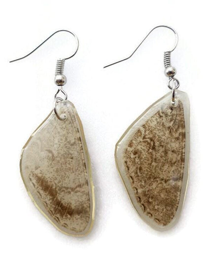 Real butterfly wing earrings: beige resinwork, hypoallergenic hooks