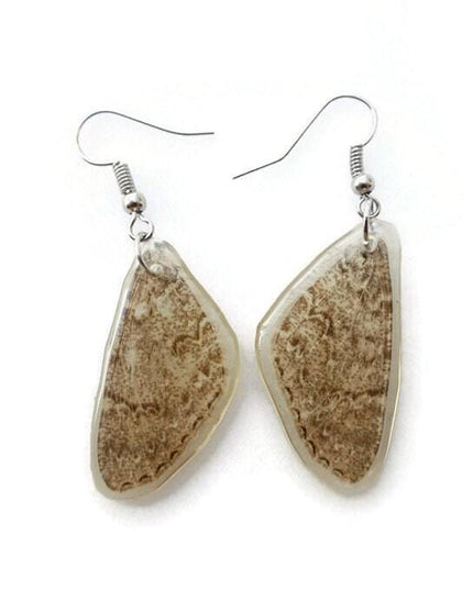 Real butterfly wing earrings: beige resinwork, hypoallergenic hooks