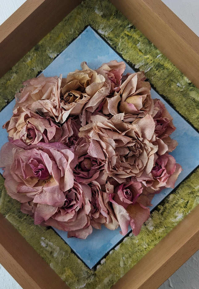 Dried rose herbarium shadowbox: watercolor & acrylic botanical artwork