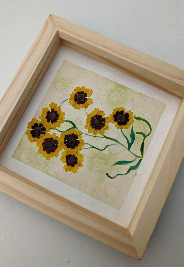Pressed yellow flowers watercolor painting: botanical wall decor