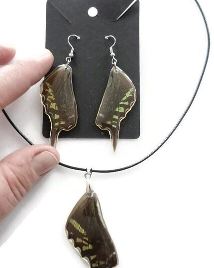 Iridescent urania butterfly wing earrings and choker set