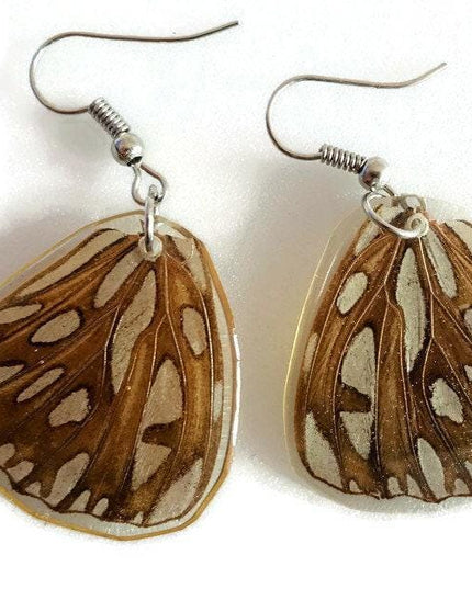 Dione moneta moneta,  mexican silver-spot, resin butterfly real wings two different sides earrings
